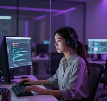 A medium shot of a focused female software engineer sitting in a dimly lit, futuristic office. Ambient electric purple lighting reflects off glass surfaces.