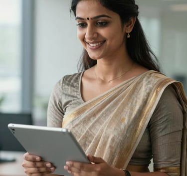A South Asian / Indian female bank professional in a neat formal saree, smiling warmly in a bright office setting, holding a tablet, soft daylight, professional photography.