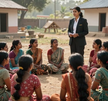 A group of South Asian / Indian women in a rural village setting, sitting together for a community meeting with a professional microfinance facilitator, outdoor morning light, natural atmosphere.