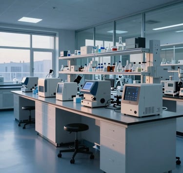 A wide-angle shot of a modern North American research laboratory at dawn, with cool light blue and dark blue shadows, showcasing sophisticated scientific instruments on white countertops and glass walls.