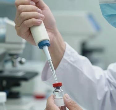 A close-up of a professional researcher in a North American clinic using a pipette to transfer liquid into a glass vial, soft focus on a background of light blue and off-white laboratory equipment, conveying scientific rigor.