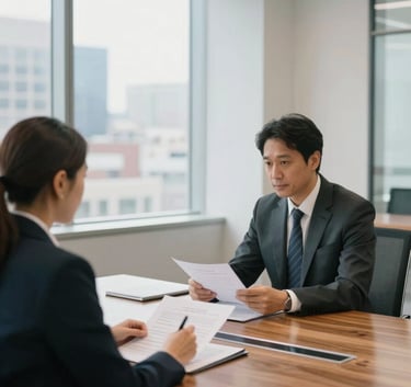 A professional North American business meeting in a bright, modern conference room. Two individuals sit at a polished wooden table discussing financial documents. Large windows in the background show a clean cityscape. The atmosphere is focused and trustworthy, with accents of light blue-grey and off-white in the decor.