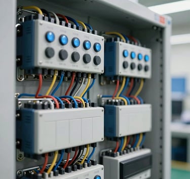 Close-up detail of a professionally organized industrial PLC control panel. The wiring is neatly arranged, showing precision engineering. The background is a clean, modern manufacturing setting in the US. Colors include light blue indicators and dark blue metallic housing.