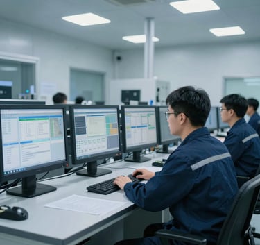 A high-precision industrial control room in a North American factory. Professional technicians in modern workwear monitor sleek rows of digital screens displaying automation data. The lighting is clean and cool, featuring medium blue and light grey tones, emphasizing a cutting-edge technological environment.