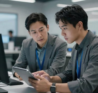 An action shot of two professionals in a high-tech North American workspace discussing a project over a tablet. The style is cinematic and fast-paced, with motion blur on the background to convey a sense of movement and speed, using soft grays and strong blue highlights.