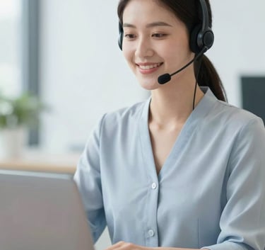 A high-quality photo of a friendly female customer service agent wearing a professional headset, smiling softly while working on a laptop. The lighting is bright and natural, incorporating tones of #A0AEC0 and #F7FAFC for a clean, modern look.