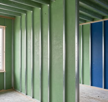 Photography of a bright modern building interior in Northern Europe during renovation. Visible metal studs for interior walls. Professional, clean environment with forest green and deep blue accents.