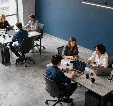 A high-angle view of a clean, minimalist Brazilian office where technology professionals are collaborating. The space features modern furniture, natural lighting, and a palette of slate grey and dark blue tones.