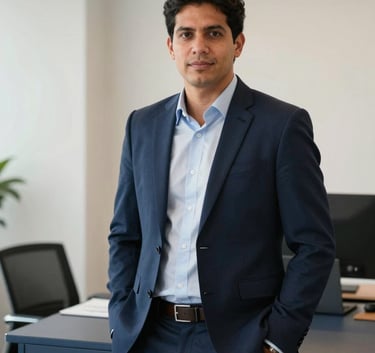 A professional South American / Brazilian accountant in a modern, clean office space. They are dressed in business attire, looking confidently towards the camera. The background features soft off-white walls and dark slate blue furniture.