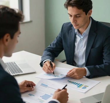 Two professionals in a South American / Brazilian corporate setting reviewing financial reports on a clean desk. The lighting is natural and bright, with accents of muted sage green in the office decor.