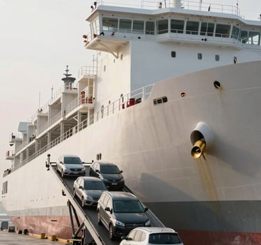A large Ro-Ro vessel at a port with high-end vehicles being driven up a ramp, captured in bright, natural mist white light during the morning.