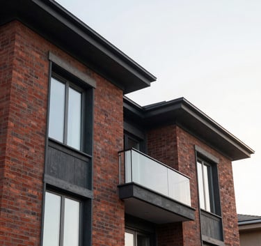 A low-angle professional photograph of a modern luxury residential home exterior with deep brick red accent panels and charcoal dark slate grey window frames. The sky is a clear, bright off-white, reflecting a crisp morning light. The composition is clean and architectural.