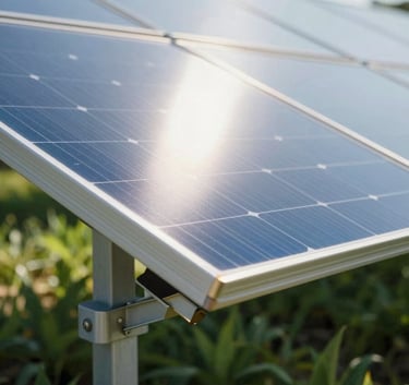 Close-up detail of modern solar panel glass reflecting the bright sun of Provence, with lush green agricultural foliage visible beneath the structure. Modern, eco-conscious style.