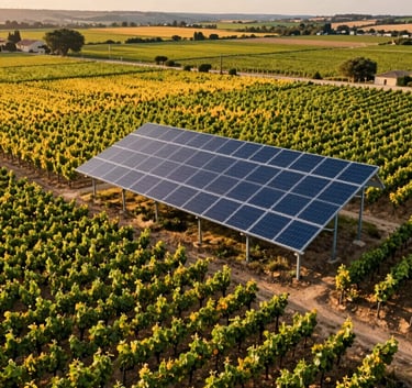 Wide drone shot of a sprawling vineyard in Southern France with sophisticated solar ombrières. Cinematic golden hour lighting, professional aesthetic, incorporating deep greens #2E7D65 and solar yellows #E7C66B against a clean sky.