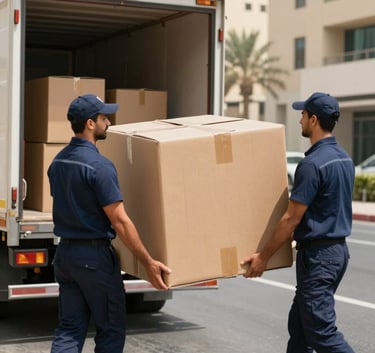 Two professional movers in navy blue uniforms carrying a large cardboard box toward a truck, modern Abu Dhabi city street background, Middle Eastern / Gulf environment, midday sun.