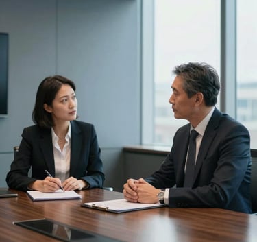 Two professionals in a North American / US boardroom discussing financial strategy. They are wearing professional attire. The room features muted blue-grey walls and a large window, professional lighting.