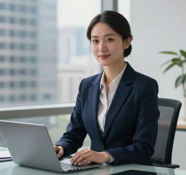A professional office in a North American / US city with deep navy and steel blue accents. A clean glass desk with a sleek laptop, bright natural lighting, corporate photography.