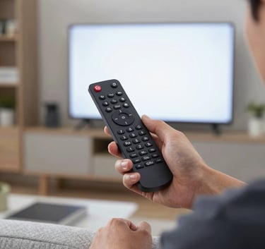 A person holding a sleek TV remote while sitting on a comfortable light grey sofa in a modern US apartment focusing on a bright screen.