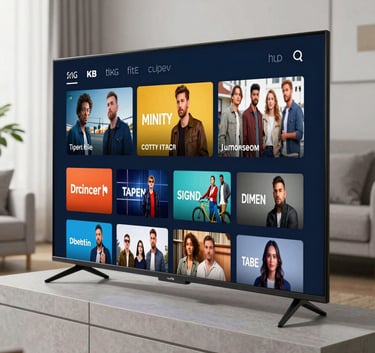 Close up of a modern smart TV displaying a diverse streaming menu in a bright North American living room with soft natural lighting and light grey furniture.