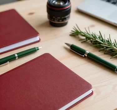 An agency content planning scene on a light beige wooden table with crimson red notebooks, forest green pens, and fresh aromatic herbs like rosemary, European Spanish office setting, warm and creative atmosphere.