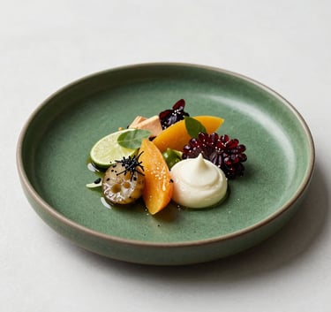 A high-end culinary photograph of a gourmet dish featuring vibrant Mediterranean ingredients on a deep forest green ceramic plate, soft side lighting, Scandinavian minimalist aesthetic, professional photography.