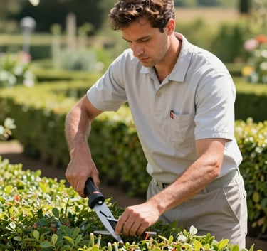 A professional gardener in a clean uniform trimming a hedge in a sun-drenched Mediterranean garden, French / Southern France, bright natural lighting, professional and clean aesthetic.