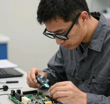 A professional technician wearing dark slate grey attire carefully inspecting a circuit board with a magnifying glass, modern lab setting with off-white walls.
