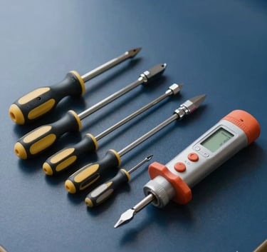 A set of precision screwdrivers and electronic testing tools laid out neatly on a clean deep navy blue workbench, minimalist composition, professional lighting.