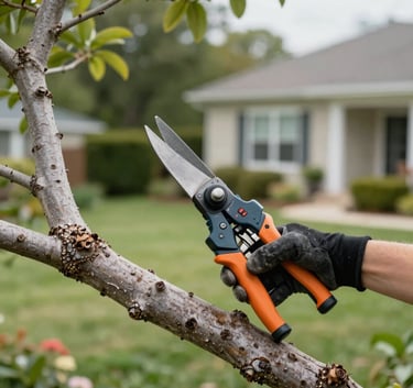Close-up of a professional tree pruning cut on a thick branch, showing clean work and tree health. The background features a lush North American / US suburban garden with pale green and forest green tones, captured in sharp, modern architectural style.