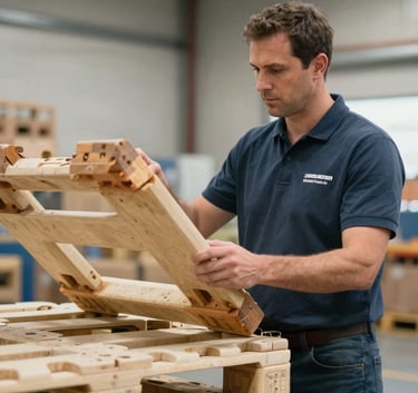 A crisp, professional mid-shot of a North American logistics manager inspecting a high-quality plastic pallet in a bright, modern warehouse environment.