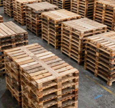 High-angle photography of a clean North American industrial facility with organized stacks of new wooden pallets. The lighting is bright and professional, highlighting the structured efficiency of the workspace.