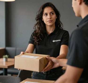 A focused professional in a South American / Colombian restaurant handing an organized package to a courier, minimalist interior with Charcoal Grey accents, professional lighting.