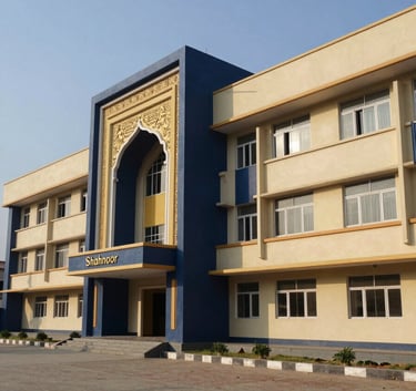 Wide-angle exterior photograph of a modern South Asian / Indian school building with elegant architecture, featuring accents in Deep Navy Blue and Muted Gold, set under a clear blue sky in Shahnoor, clean landscape design.