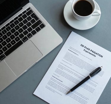 A top-down view of a clean desk with a modern laptop, a cup of coffee, and professional legal documents, incorporating stormy blue-grey and soft teal tones, sharp focus, overhead lighting.