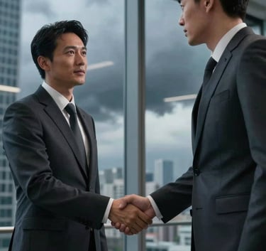 A businessman in a tailored suit shaking hands with a client in a modern high-rise office with large windows, stormy blue-grey color accents, cinematic lighting, professional photography.