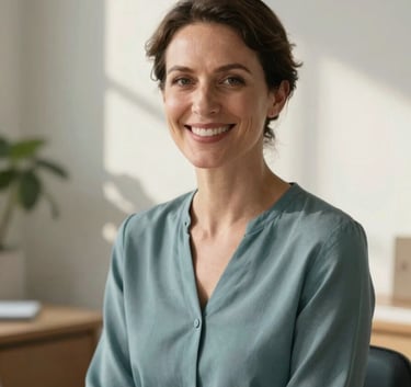 A professional and serene portrait of a psychologist in a modern office, smiling warmly and empathetically. She is wearing a muted teal blouse. The background is a clean, soft off-white wall with soft morning sunlight casting gentle shadows.
