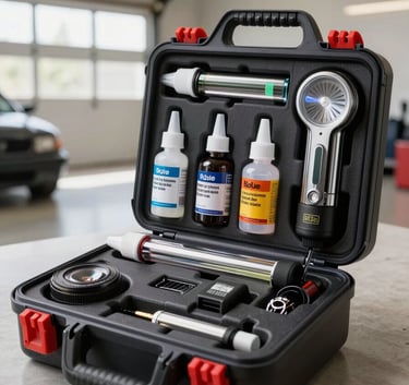 A professional-grade mobile glass repair kit organized neatly in a heavy-duty carrying case, featuring bottles of specialized resin and glass curing lamps, North American garage interior, bright and clean lighting.