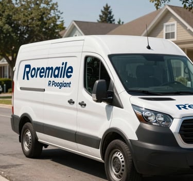 A white service van with professional branding parked on a clean North American suburban street during a sunny day, representing a reliable mobile repair business, off-white and dark navy aesthetic.