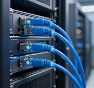 A macro photograph of glowing blue fiber optic cables connected to high-performance servers in a clean, professional South American / Brazilian data center environment, sleek and modern.