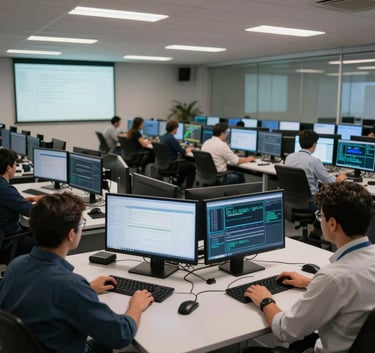 A wide-angle professional photograph of a modern network operations center in a South American / Brazilian city, with engineers working at desks with multiple monitors showing data streams, illuminated by soft blue and off-white lighting.