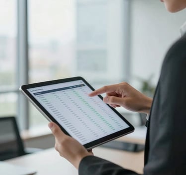 A person in professional business attire reviewing property data on a digital tablet in a bright, modern US office with large windows.