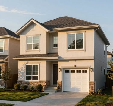 High-end residential property in a clean, modern North American suburb, golden hour lighting, wide angle, professional real estate photography.