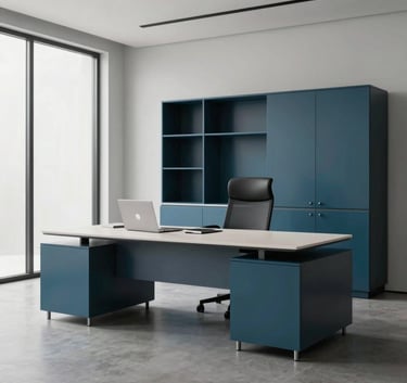 A high-end, minimalist office interior in Oceania, featuring sleek furniture in Steel Blue and Dark Teal tones. The lighting is soft and professional, emphasizing a sense of established authority and confidence-inspiring calm.