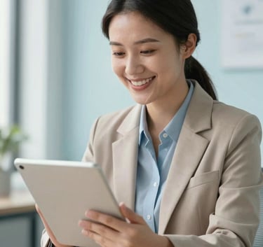 A professional and friendly health insurance consultant smiling while looking at a digital tablet in a bright, modern office with pale ice blue wall accents.