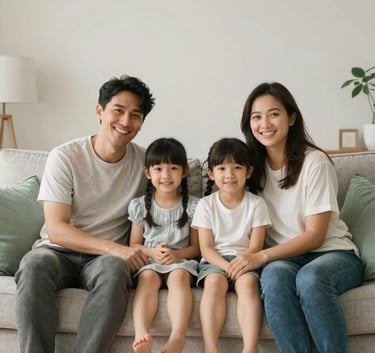 A happy family of four sitting together on a comfortable sofa in a bright living room, with muted sage green decorative pillows and a warm, secure atmosphere.