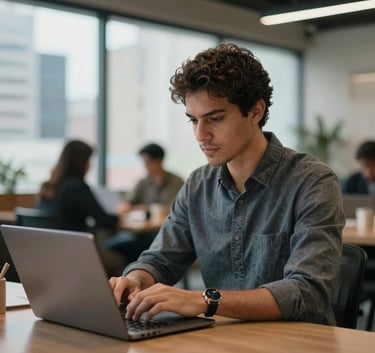 A focused tech professional in business casual attire working on a laptop in a modern Brazilian coworking space, depth of field with blurred city background.