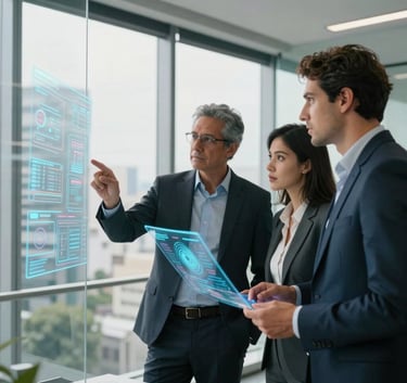 Professional South American technology consultants looking at a holographic data visualization in a sleek glass-walled office in Sao Paulo, bright natural light.