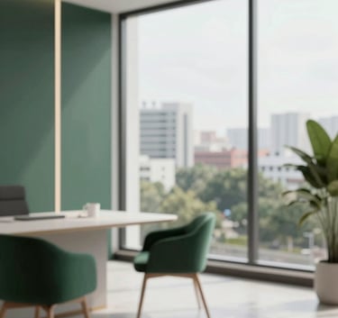 A high-end real estate consulting office interior featuring polished floors, minimalist furniture, and a large window overlooking a growing urban area in Faridabad. The lighting is bright and airy, using a palette of deep forest green and off-white to convey approachable authority and refined expertise.
