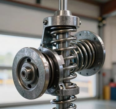 Detailed photography of a heavy-duty steel garage door spring and pulley system, showing high-quality metal textures and expert mechanical assembly, shot in a professional garage setting in the US.
