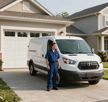 A wide-angle photography shot of a professional service technician in a clean uniform standing next to a white service van in a North American suburban driveway, with a large, well-maintained garage door in the background. Bright, natural morning light.
